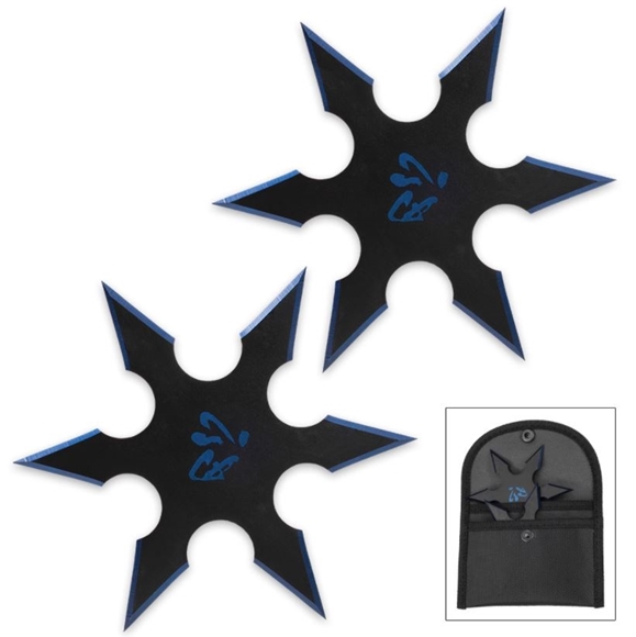 Picture of On Target Twin Six-Pointed Throwing Star Set with Nylon Pouch | Kanji Accents | Metallic Blue Edges